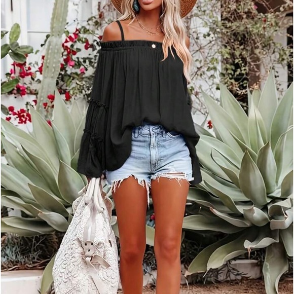 Boho Off Shoulder Flare Long Sleeve Top Blouse Shirt Black - Picture 4 of 16